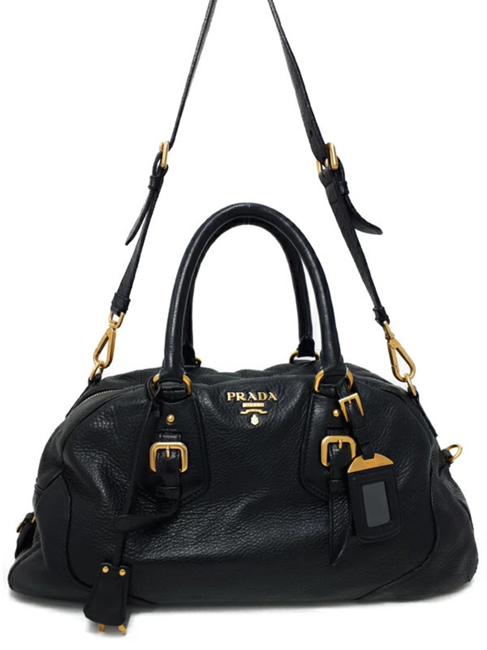 Prada black pebbled leather Vitello Daino Bauletto bag